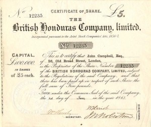 British Honduras Co., Limited - Company involving Freed Slaves in Belize - Stock Certificate